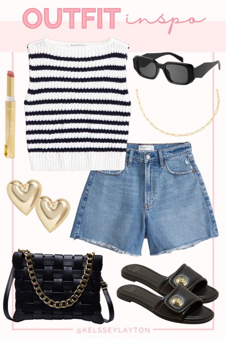 Outfit idea, Abercrombie jean shorts, black sandals, Amazon bag, striped sweater tank, heart earrings 

#LTKfindsunder50 #LTKSeasonal #LTKstyletip