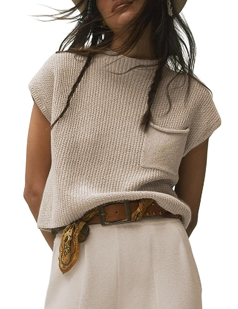 UANEO Sweater Vest Women Mock Neck Casual Cropped Knit Pullover Cap Sleeve Sweater for Women Top ... | Amazon (US)