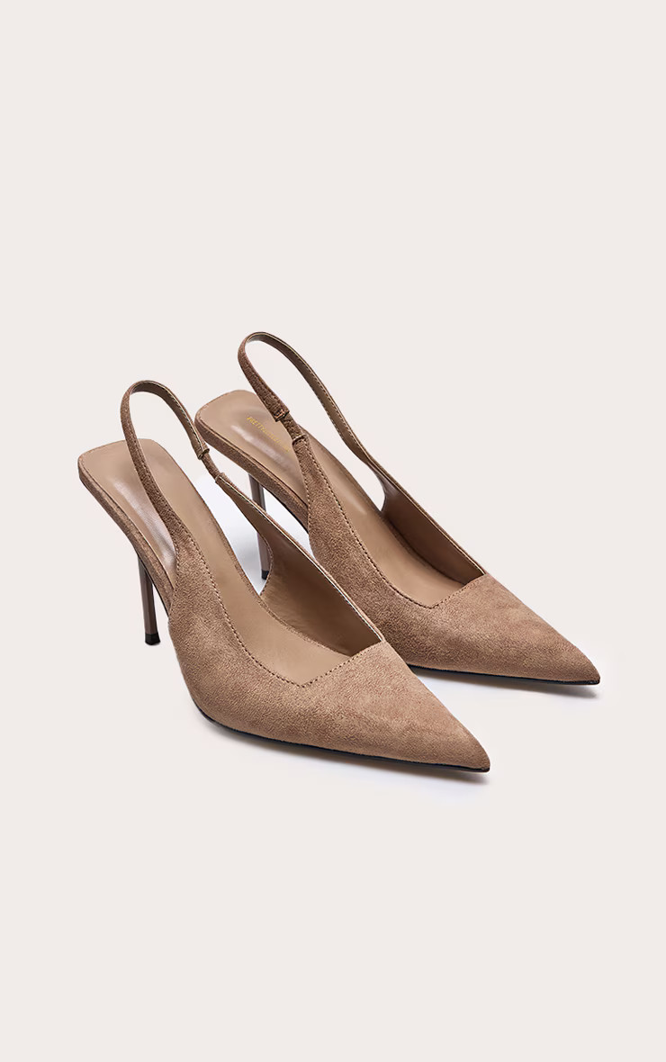 Mushroom Faux Suede Point Toe Sling Back Heeled Courts | PrettyLittleThing UK