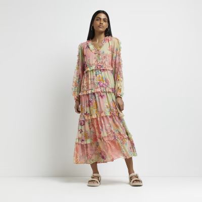 Yellow floral smock midi dress | River Island (UK & IE)