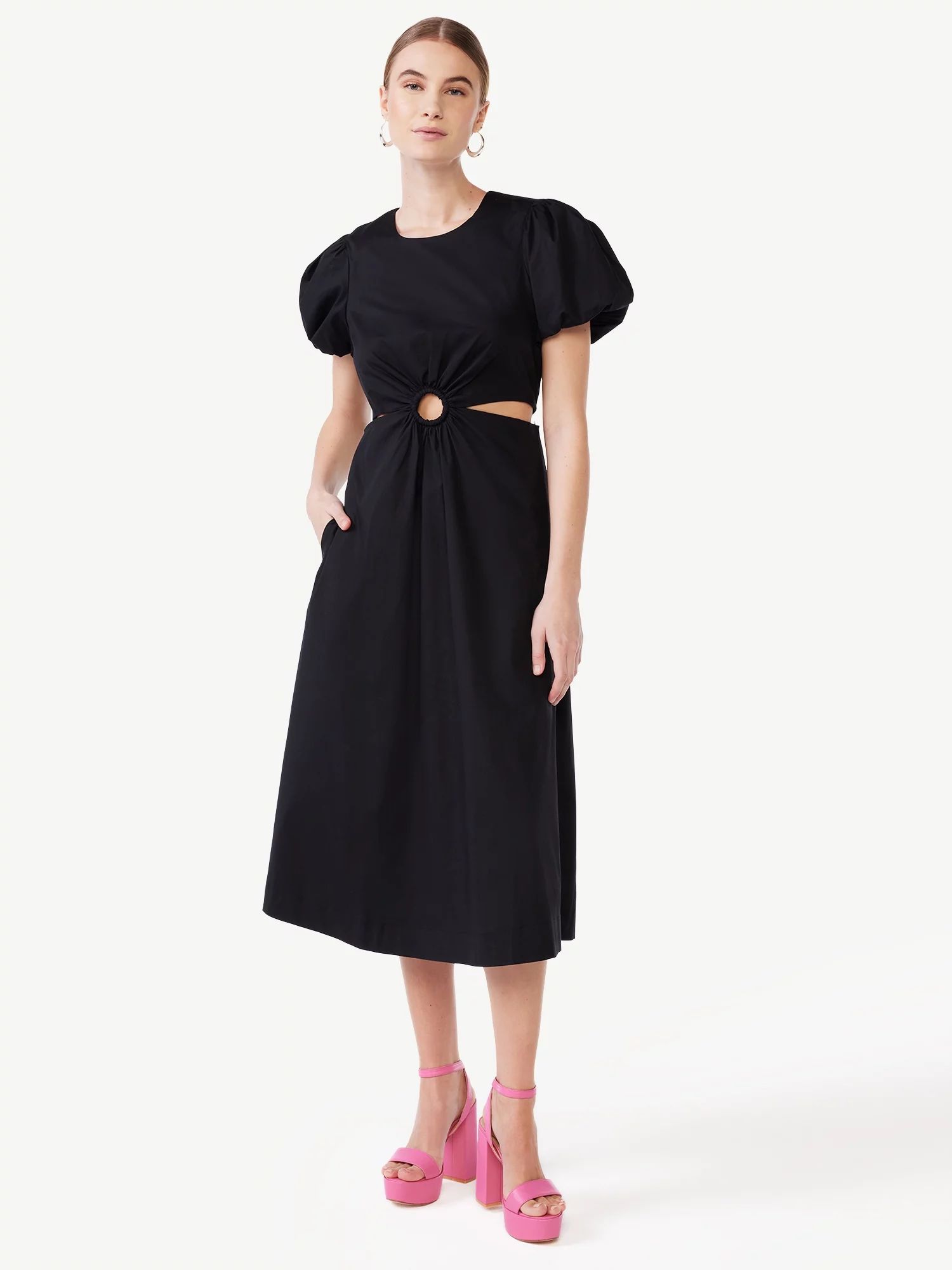 Scoop Women's Cut Out Midi Dress with Puff Sleeves, Sizes XS-XXL | Walmart (US)