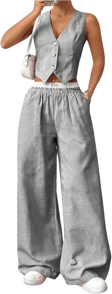 Milumia Women's 2 Pcs Outfits Striped V Neck Button Blazer Vest Pants Tracksuit | Amazon (US)
