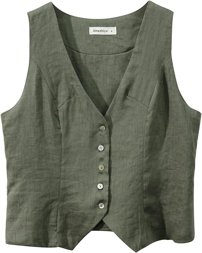 Amazhiyu Womens Pure Linen Sleeveless Button Down Crop Top V Neck Waistcoat Vest | Amazon (US)