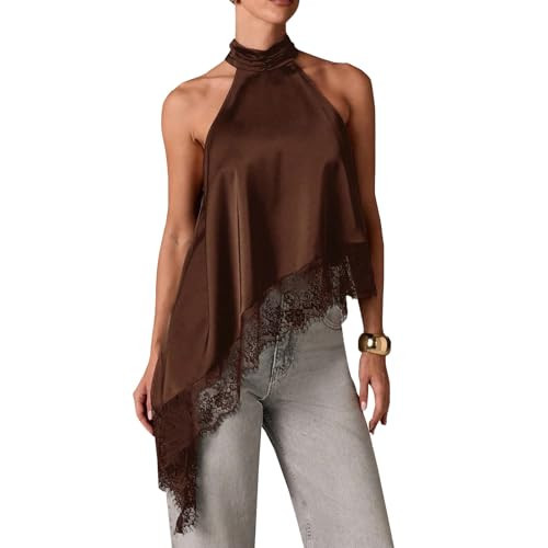 Women Satin Sleeveless Halter Top Y2k Lace Trim Mock Neck Asymmetrical Tank Top Elegant Going Out Tops Brown | Amazon (US)