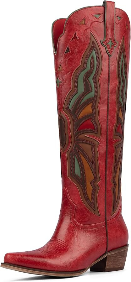 Cowboy Boots for Women Knee High Chunky Heel Butterfly Cowgirl Boots Wide Calf Pointed Toe Chunky... | Amazon (US)