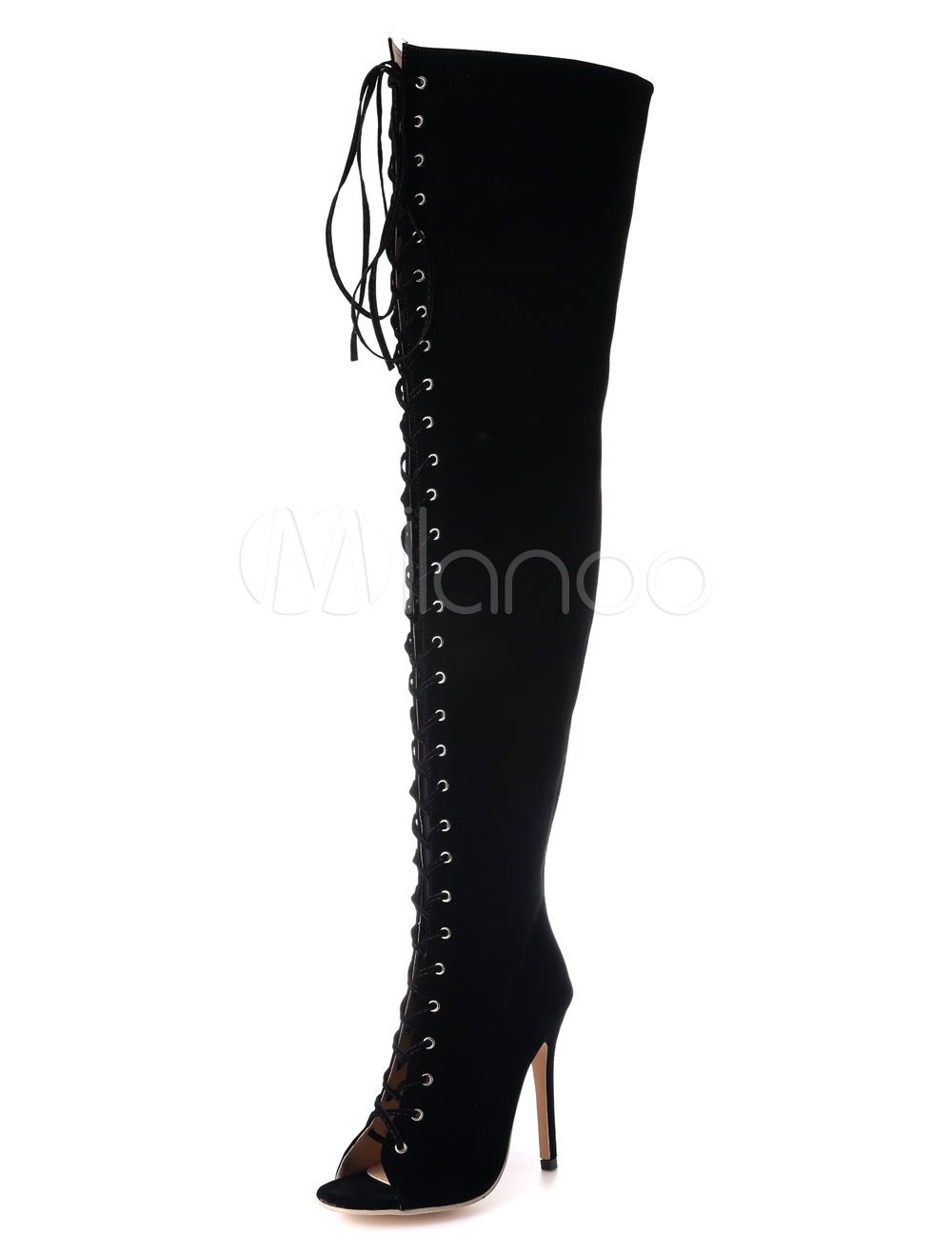 Thigh High Boots Women's Peep Toe High Heel Over Knee Boots Suede Black High Boots | Milanoo