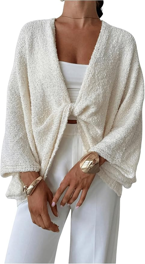 GORGLITTER Women's Cropped Wrap Cozy Sweaters Oversized Twist Front V Neck Bat Wing Pullover Knit... | Amazon (US)