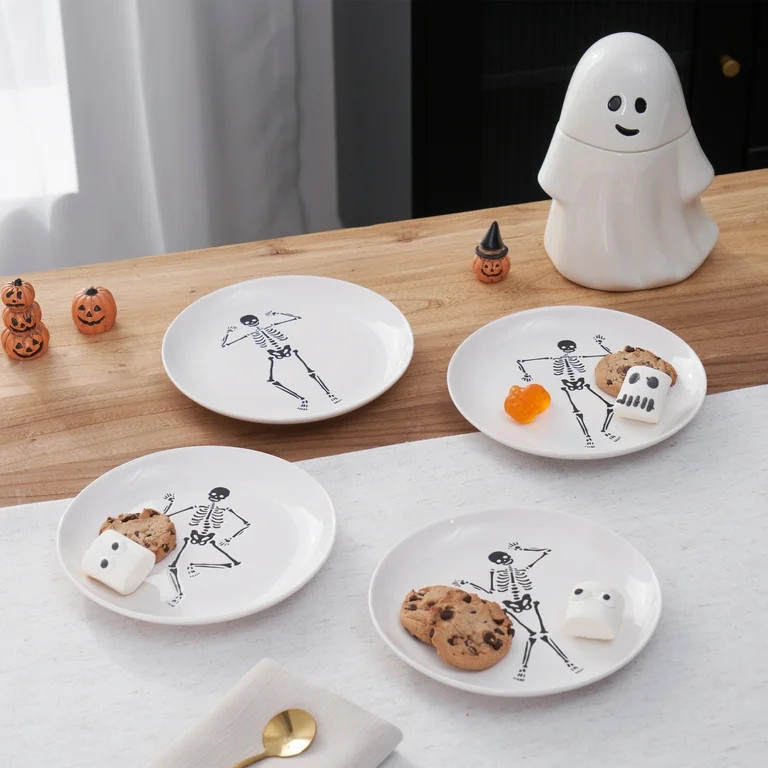 Way to Celebrate Halloween 4Pk Dancing White Skeleton Appetizer Ceramic Plates | Walmart (US)