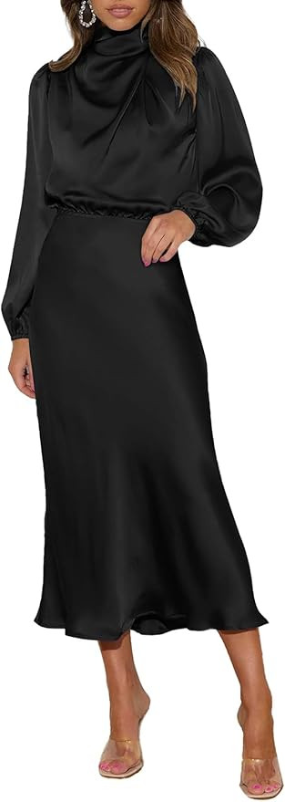 Pink Queen Women's Elegant Long Sleeve Satin Dress Mock Neck Elastic Waist Cocktail Party Wedding... | Amazon (US)