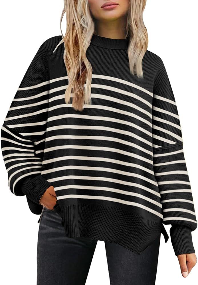 Women's Crewneck Batwing Long Sleeve Sweater 2023 Fall Oversized Ribbed Knit Side Slit Pullover T... | Amazon (US)