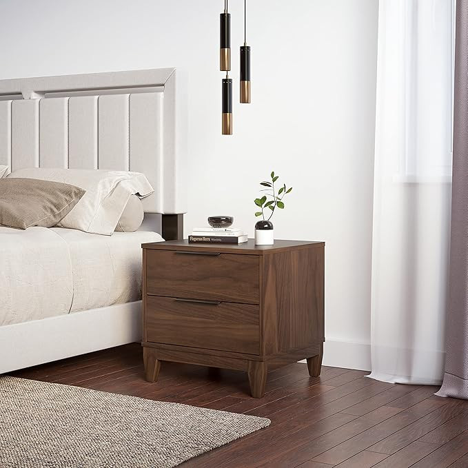 Boyd Sleep Bedroom Nightstand Bedside Table: Mackay Two Drawer Storage with Leg Base, Walnut | Amazon (US)