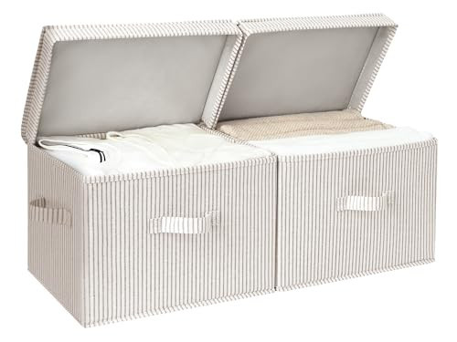StorageWorks Fabric Storage Bins with Lid, Decorative Storage Boxes for Shelves, Stackable Closet Organizer Basket with Handles, Large, Khaki and Beige Stripes, 2-Pack | Amazon (US)