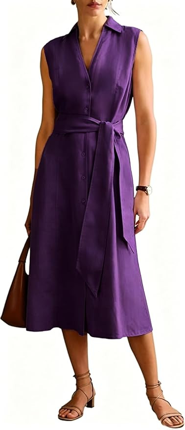 Women's Linen Collared Shirt Dress - V Neck Sleeveless Button Down Midi Dress with Waist Belt | Amazon (US)