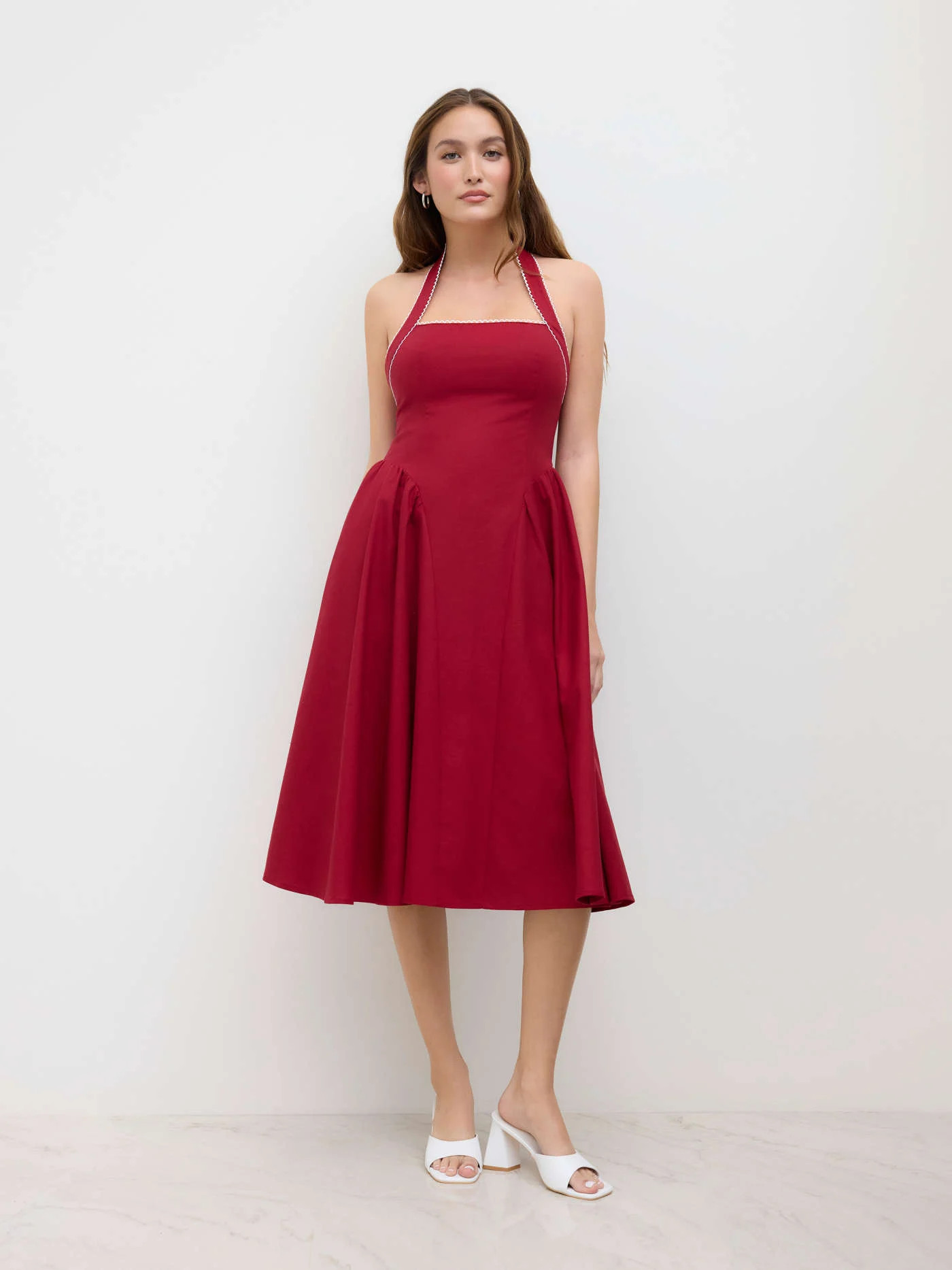 Linen-blend Linen-blend Halter Neckline Knotted Ruffle Midi Dress For Date | Cider