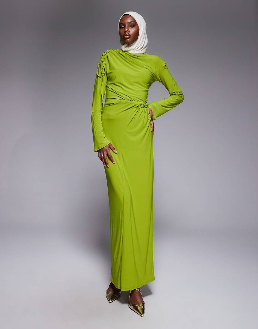 ASOS DESIGN draped high neck twist waist maxi dress with long sleeves in green | ASOS (Global)