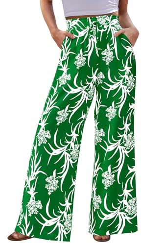 CFLONGE Palazzo Pants for Women Casual 2026 Summer High Waist Floral Wide Leg Pant Trendy Boho Trousers Fashion Beach Outfits(Green,Large) | Amazon (US)