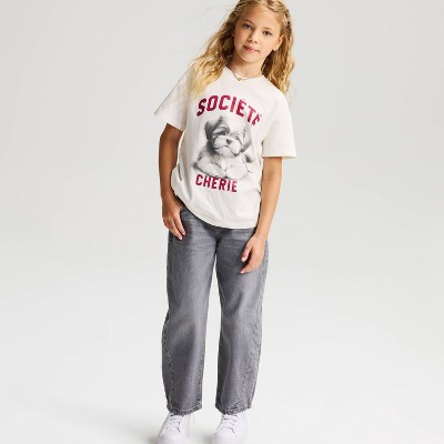Girls' Short Sleeve 100% Cotton 'Dog' Oversized Graphic T-Shirt - Cat & Jack™ Cream L | Target