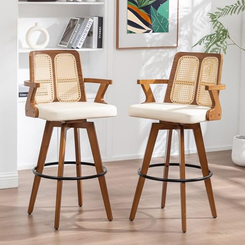 Set of 2 Mid Century Modern Bar Stools - 30 inch Swivel Rattan bar stools with Cane Back, Walnut Craftsmanship, Upholstered Faux Leather, Bar Chairs for Bar/ Pub/Island/Cafe ( 30" Seat Height, Beige) | Amazon (US)