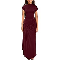 YMDUCH Women's Casual Short Sleeve Boat Neck Ruched High Split Bodycon Long Party Dress | Amazon (US)