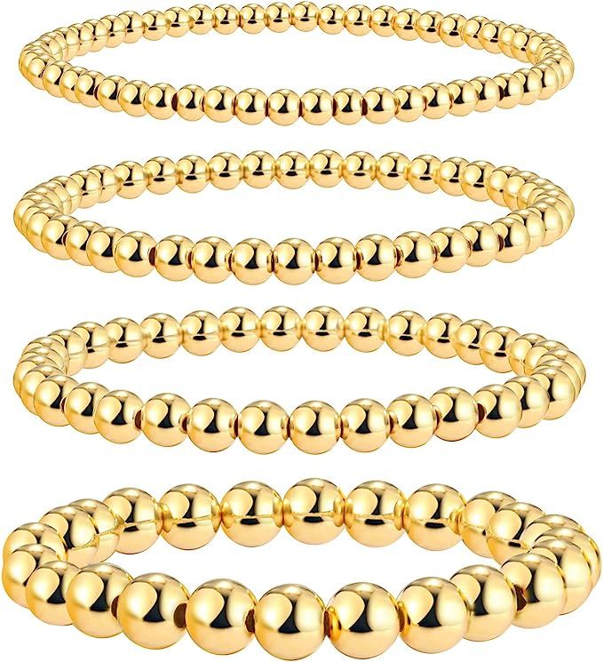 Gold Beaded Bracelets for Women, 14K Gold Plated Bead Ball Layered Bracelets Set Copper Beads Sta... | Amazon (US)