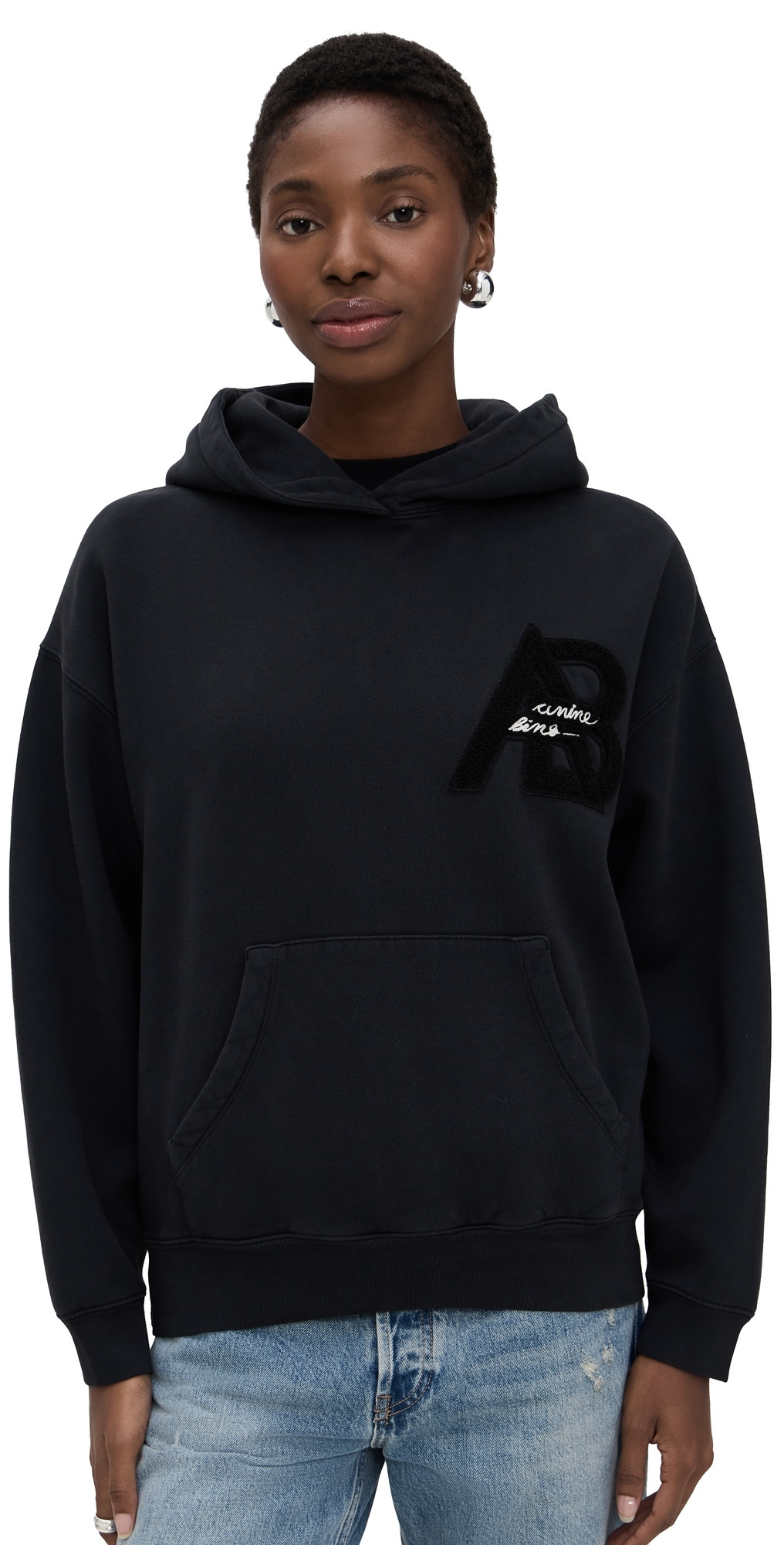 ANINE BING Jaci Letterman Hoodie Vintage Black L | Shopbop