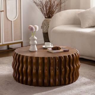 39 in. Natural Round Wood Drum Fluted Coffee Table, Mid-Century Modern Center Table for Living Room, Bedroom & Apartment | The Home Depot