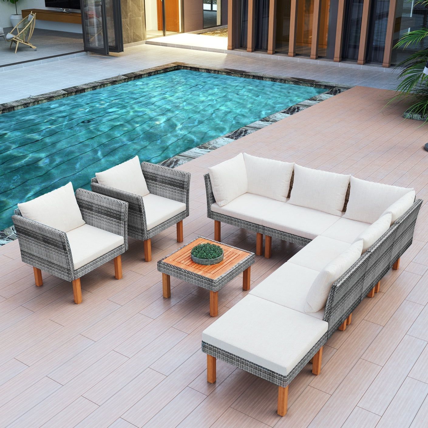 9-Piece Outdoor Patio Garden Wicker Sofa Set, PE Rattan Sofa Set with Wood Legs, Wood Tabletop, A... | Walmart (US)