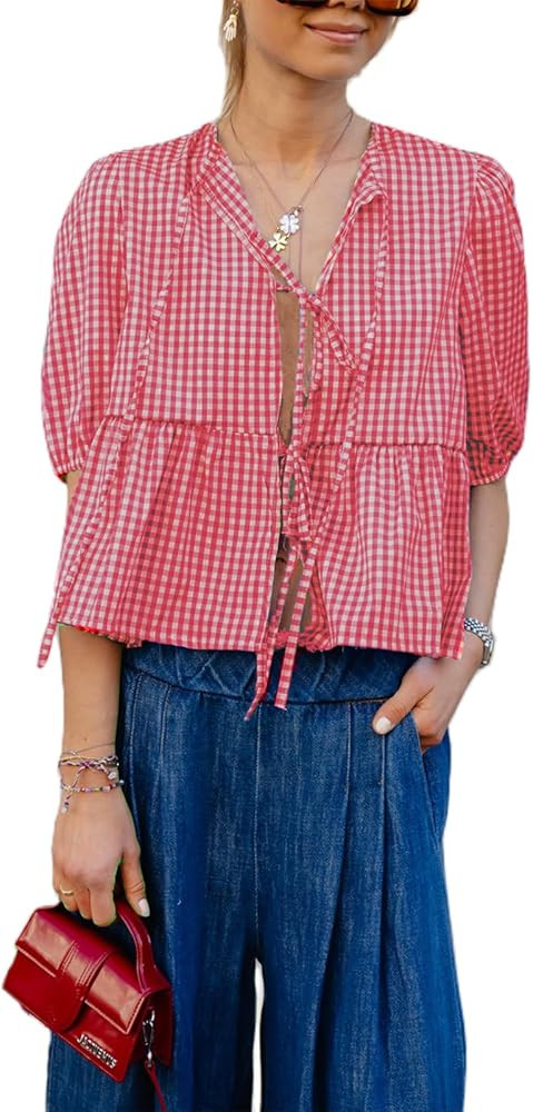 Puff Short Sleeve Babydoll Peplum Tops for Women Y2k Tie Front Ruffle Hem Blouse Cute Retro Vinta... | Amazon (US)