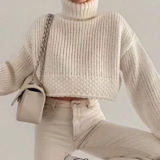Turtleneck Cropped Sweater White - One Size | YesStyle Global