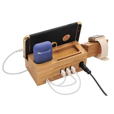 Airpods Charging Station Apple Watch Charger Stand iphone Charging Dock Cable Management,Bamboo Wood | Walmart (US)