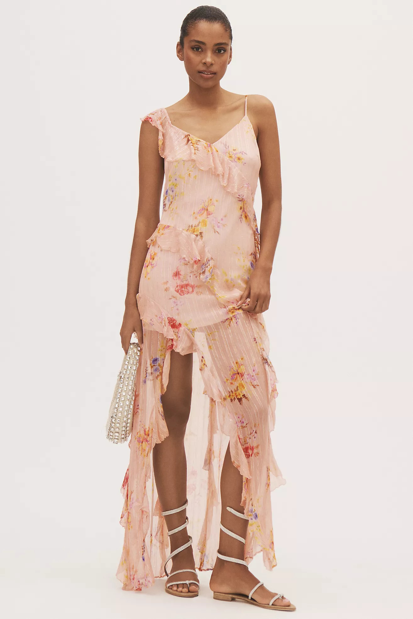 BHLDN Rae Asymmetric Ruffle Printed Chiffon Maxi Dress | Anthropologie (US)