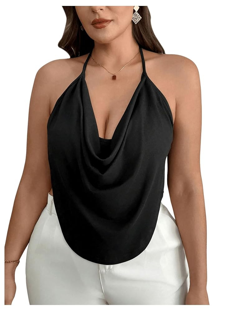 Women's Plus Size Halter Tops for Women Draped Cowl Neck Sleeveless Asymmetrical Crop Low Cut Cam... | Amazon (US)