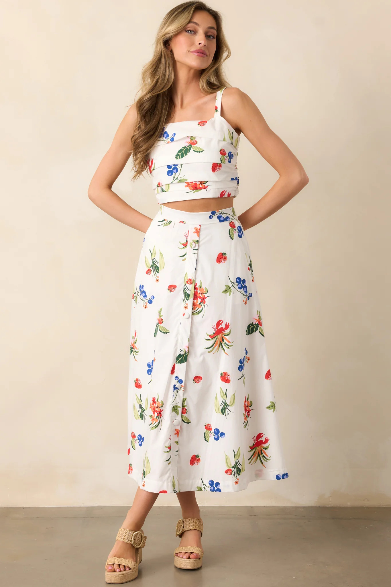 Made For Sunny Days White Cotton Coastal Print Crop Top | Red Dress