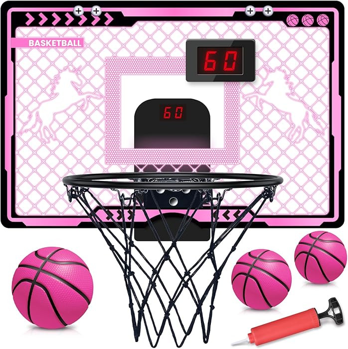 Indoor Basketball Hoop with Electronic Scoreboard and LED Light, Pink Over The Door Basketball To... | Amazon (US)