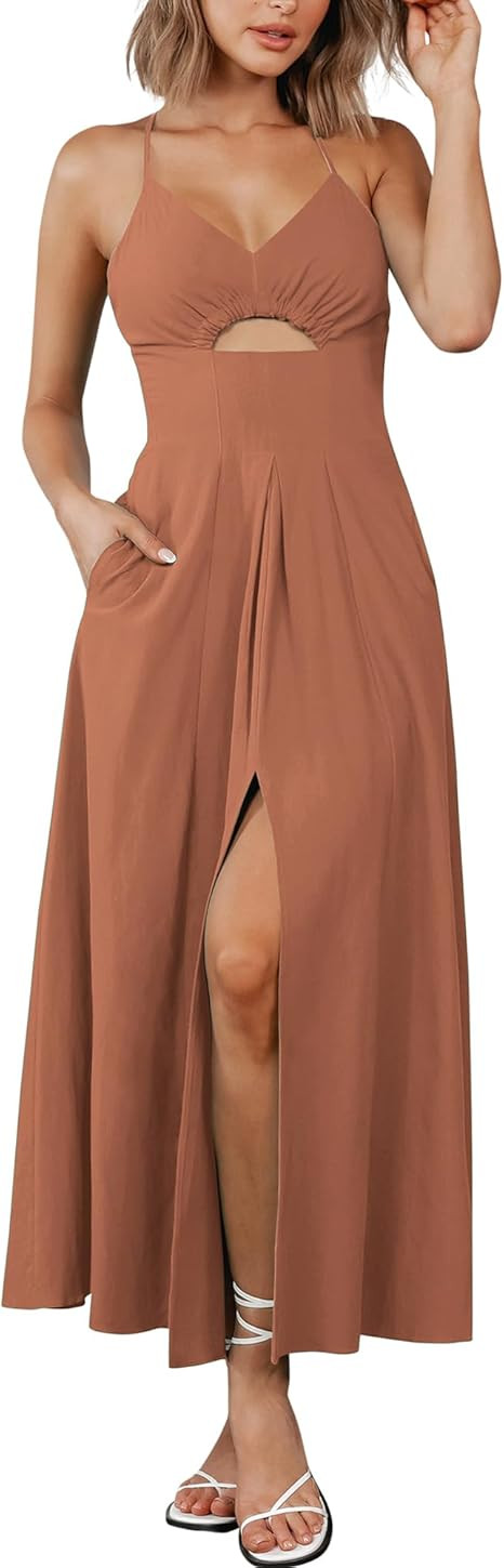 BTFBM Women 2024 Summer Spaghetti Strap Dress Sleeveless V Neck Cutout Slit Casual Beach Party Ma... | Amazon (US)