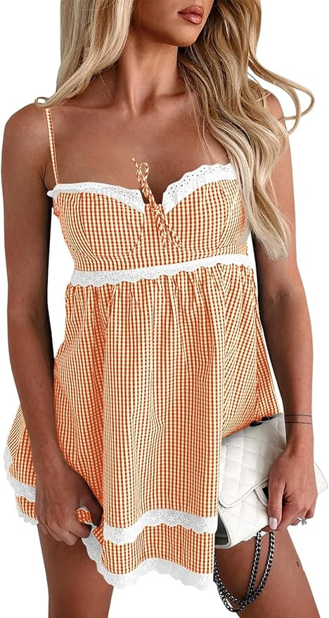 Wenrine Womens Summer Mini Dress Spaghetti Strap Sweetheart Y2K Plaid Lace Trim Tiered Beach Sund... | Amazon (US)
