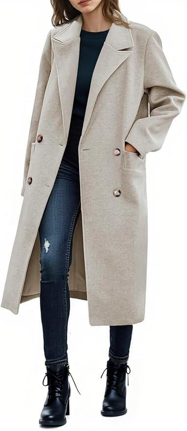 Saodimallsu Womens Trench Coat Winter Lapel Double Breasted Long Pea Coat Casual Work Office Over... | Amazon (US)