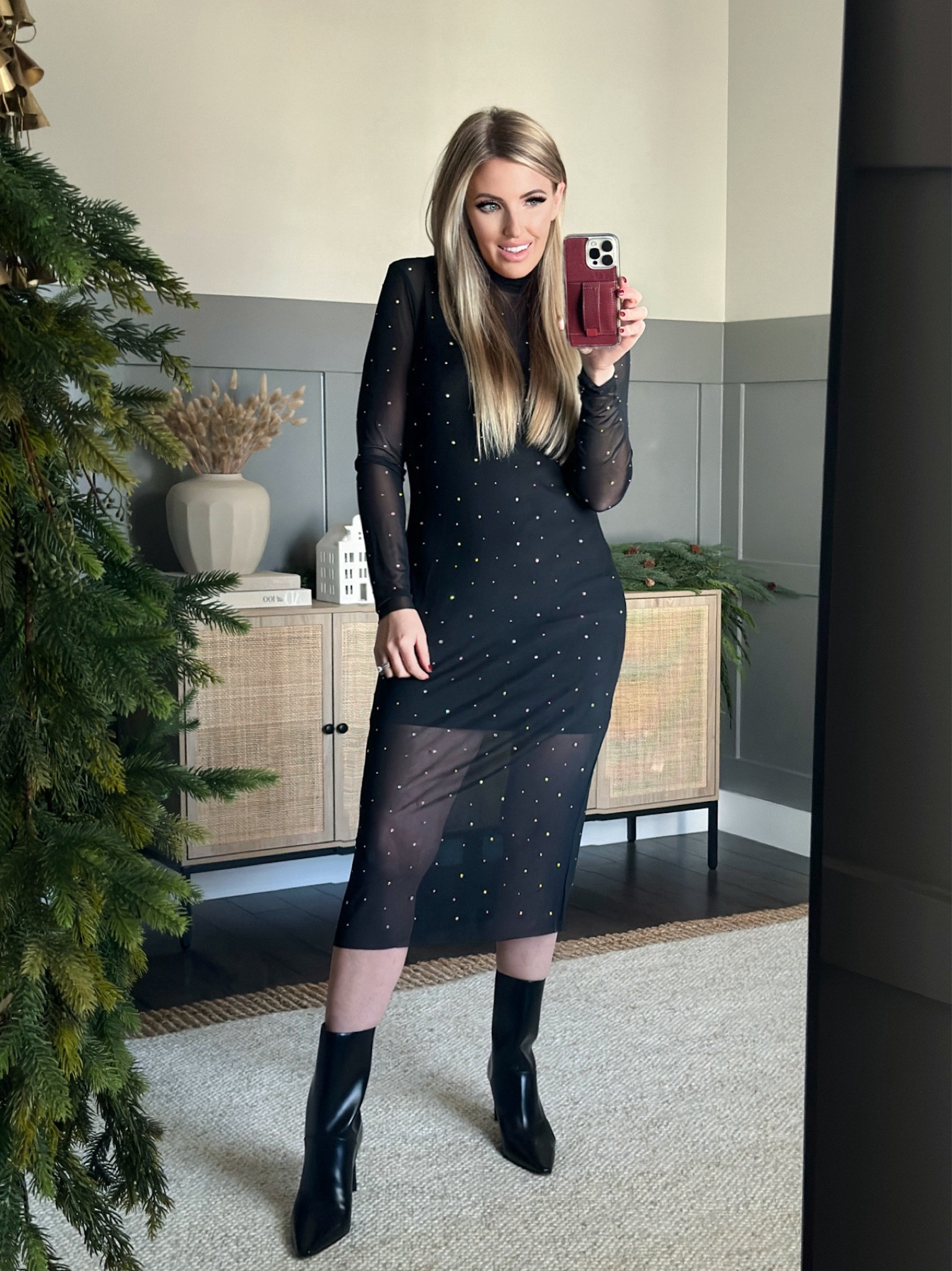 This beautiful mesh, rhinestone midi dress is currently under $25. TTS wearing XS. Also comes in a beautiful burgundy color. 

#blackdress #familypictures #dress #christmasparty #holidayparty 

#LTKfindsunder50 #LTKCyberWeek #LTKstyletip