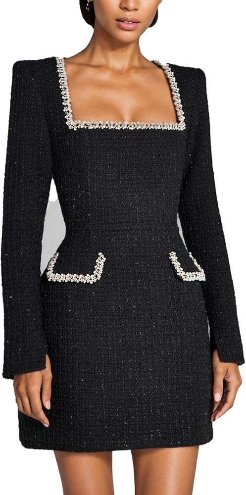 LETSVDO Women's Elegant Tweed Dress Long Sleeve Square Neck Pearl A Line Classy Formal Party Mini... | Amazon (US)