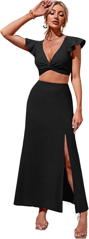 SheIn Women's Twist Plunging Neck Ruffle Crop Blouse Top 2 Pieces Midi Skirt Set | Amazon (US)
