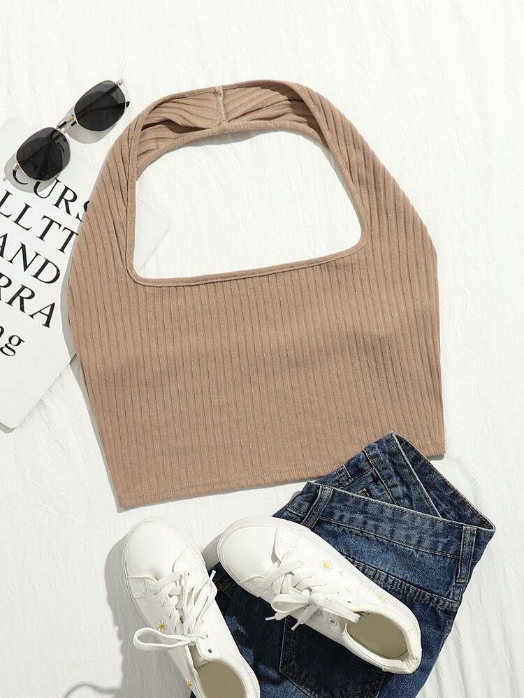 SHEIN Plus Rib-knit Crop Halter Top | SHEIN