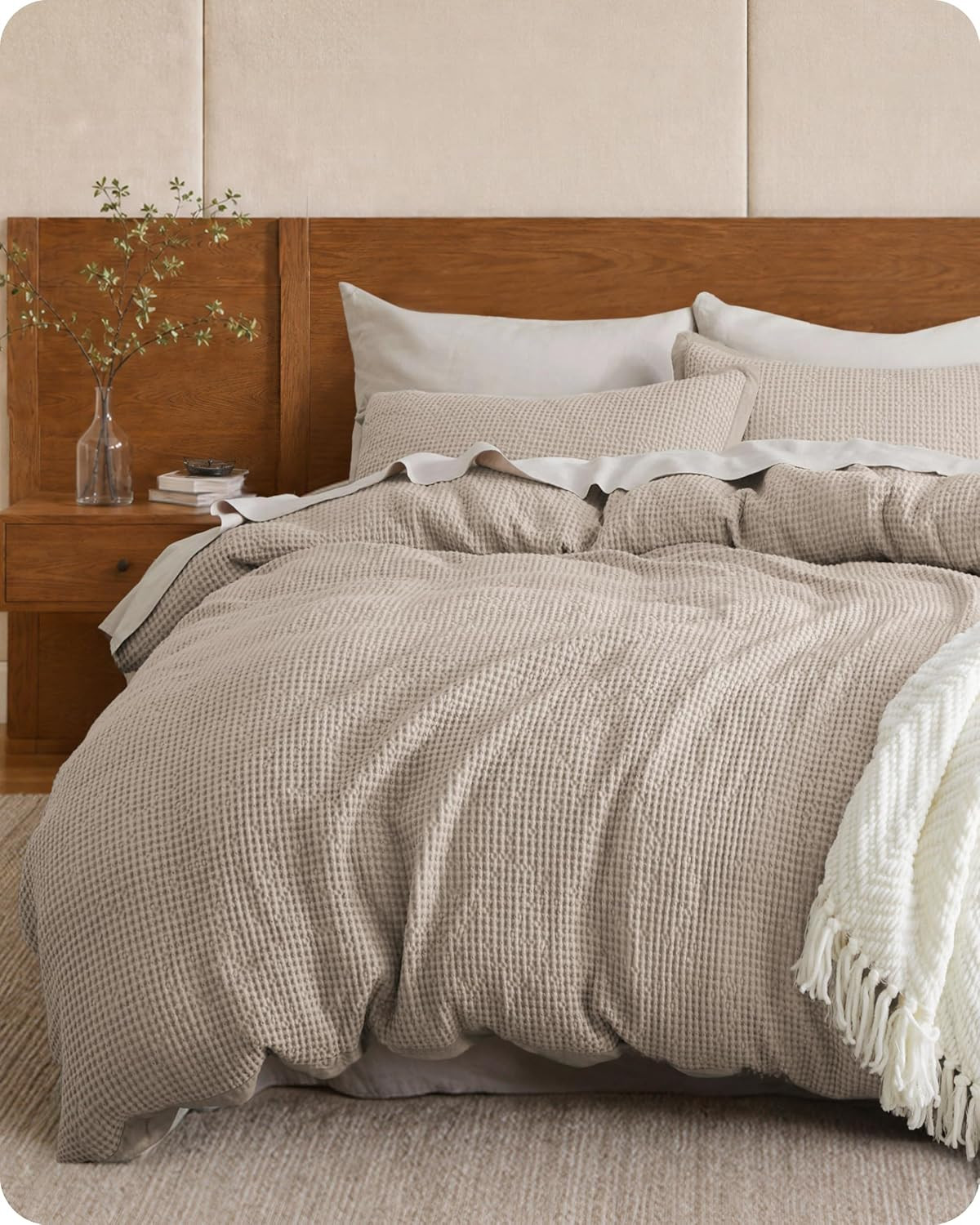 Bedsure PureWoven 3 Pieces 100% Cotton Waffle Duvet Cover Set, King, Khaki | Amazon (US)