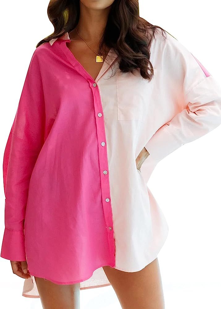 Houmous Button Down Shirts for Women Long-Sleeve Cotton Dressy Work Formal Casual Blouses Oversiz... | Amazon (US)