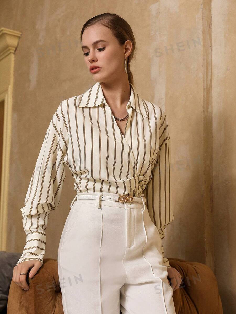 Anewsta Striped Commuting Elegant Slim Fit Pleated Women Shirt | SHEIN