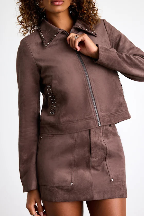 Nilza Chocolate Brown Suede Studded Jacket | Lulus