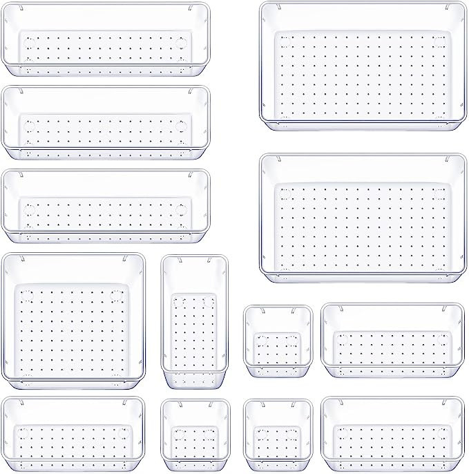 WOWBOX 13 PCS Clear Plastic Drawer Organizer Set, 5 Sizes Desk Drawer Divider Organizers and Stor... | Amazon (US)