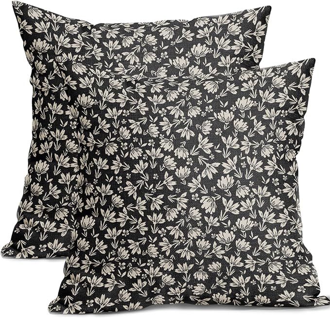 Vintage Floral Pillow Covers 20x20 Set of 2 Black Old White Floral Outdoor Decorative Throw Pillo... | Amazon (US)