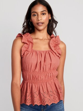 Sleeveless Waist-Defined Ruffle-Trimmed Embroidered Babydoll Blouse for Women | Old Navy (US)