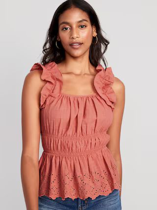 Sleeveless Waist-Defined Ruffle-Trimmed Embroidered Babydoll Blouse for Women | Old Navy (US)