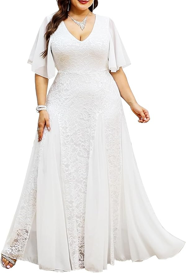 TIARALY Plus Size Formal Lace Dress Maxi V Neck A-line Chiffon Wedding Guest Prom Evening Gown Ga... | Amazon (US)